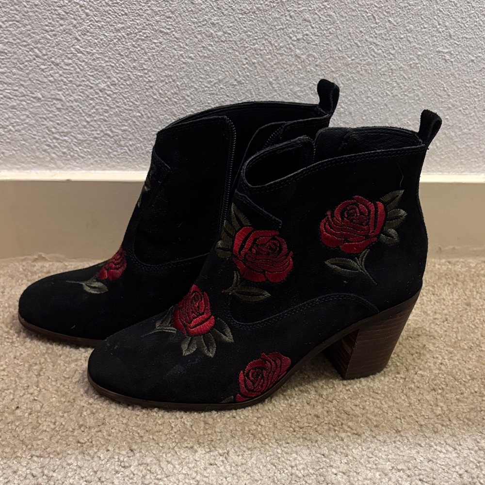 Lucky Brand Black Ankle Boots with Red Rose Embroidery